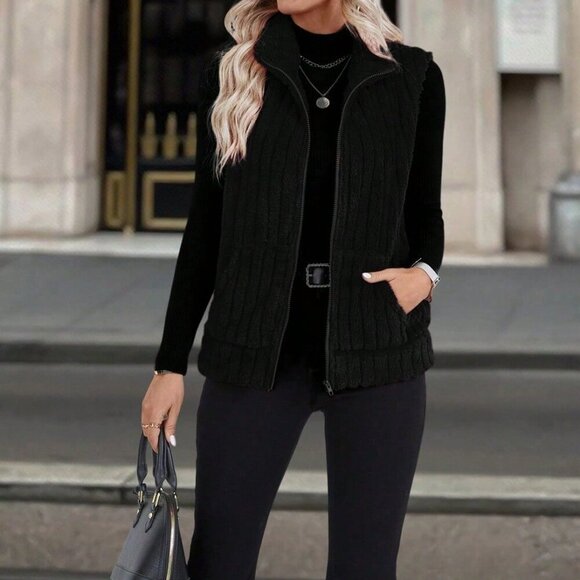 Black Casual Women's Zip-Up Stand Collar Vest Jacket - Picture 1 of 6